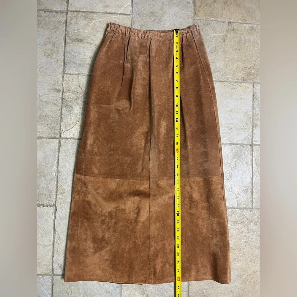 Vintage Camel Brown Suede Chic Maxi Skirt Elastic Waist Boho Casual Hippie S / M